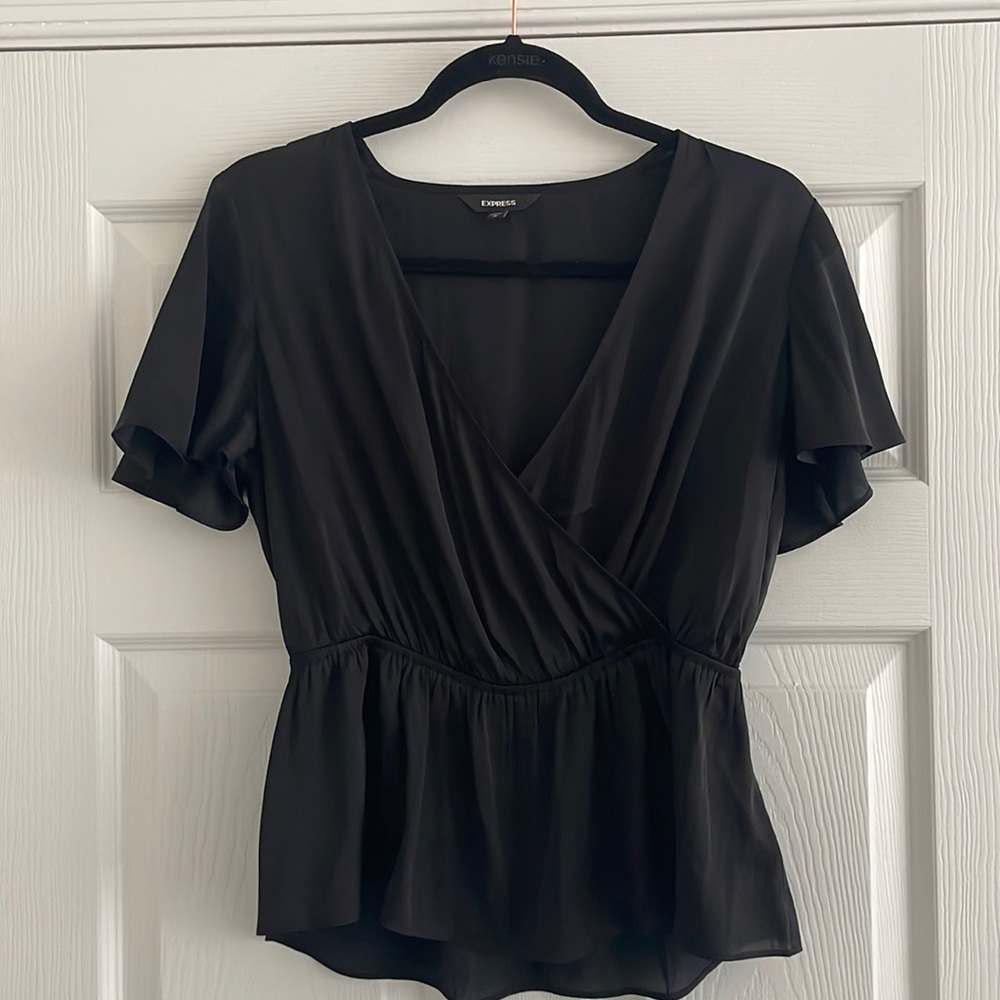 Express Black Wrap Front Peplum Top